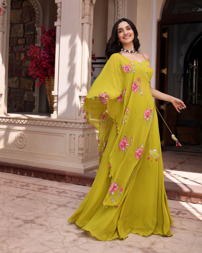 Cyber Lime Floral Handpainted Georgette Fusion Wear