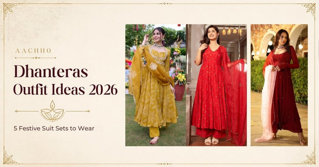 Dhanteras outfit ideas 2026 banner with mustard, red and maroon Aachho festive suit sets