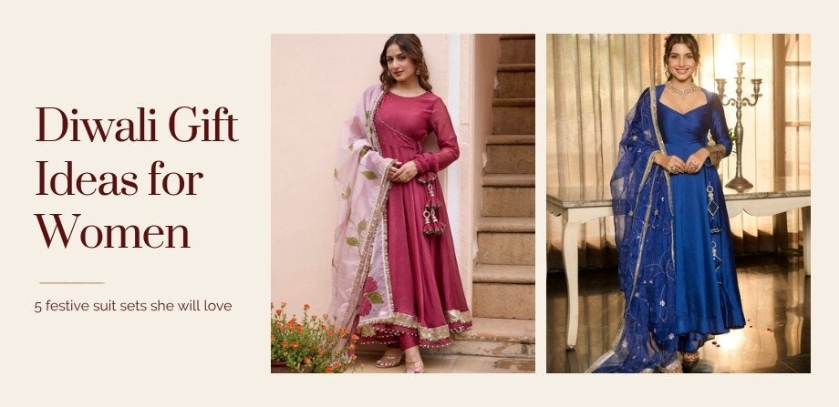Diwali gift ideas for women: wine handpainted and royal blue Chanderi anarkali suit sets on ivory