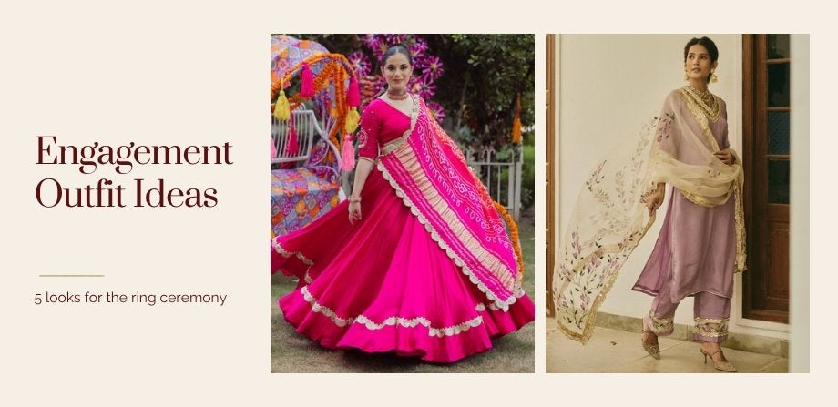 Engagement outfit ideas 2026: pink satin lehenga and lilac handpainted organza suit set by Aachho