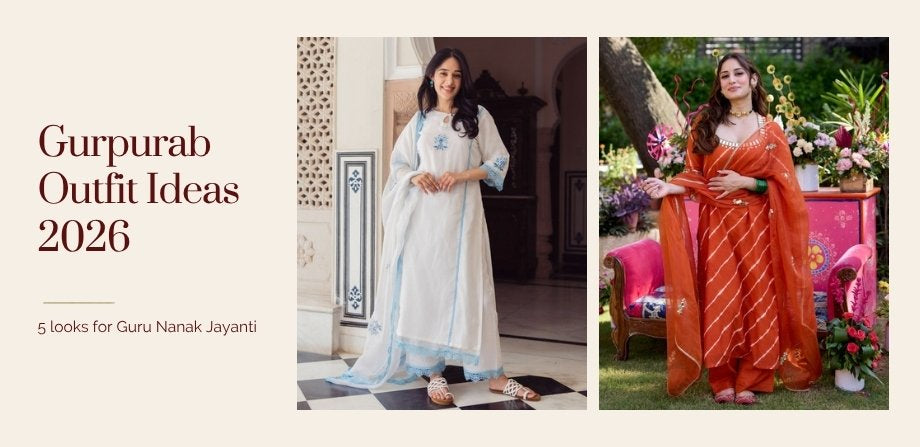 Gurpurab outfit ideas 2026 banner with white embroidered and orange leheriya Aachho suit sets