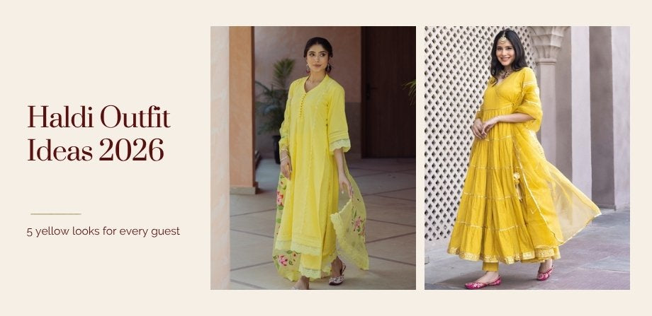Haldi outfit ideas 2026 banner with two yellow Aachho suit sets on an ivory background