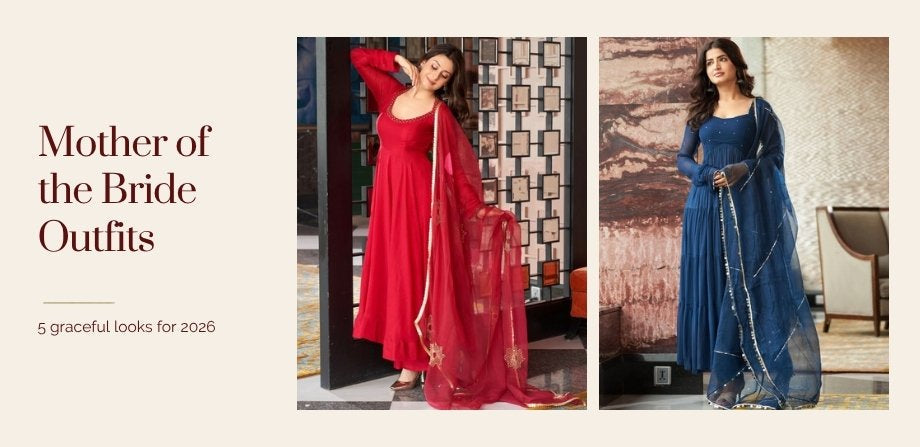 Mother of the bride outfits 2026 banner with a red embroidered and a blue georgette Aachho suit set