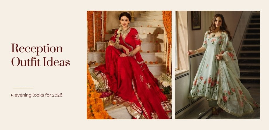 Reception outfit ideas for women 2026: red satin lehenga and soft blue handpainted organza suit set