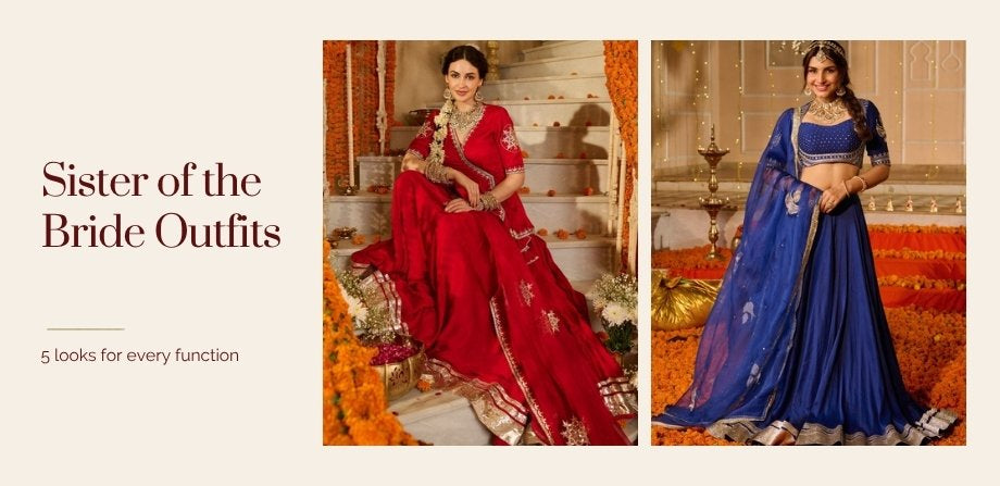 Sister of the bride outfit ideas 2026: red satin lehenga and blue chanderi lehenga by Aachho