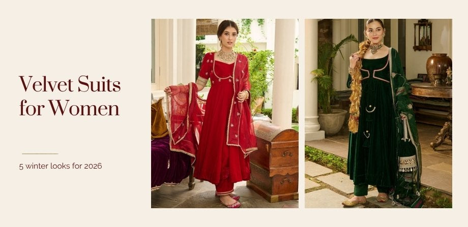 Red embroidered and bottle green velvet suit sets for women, winter 2026 styling guide