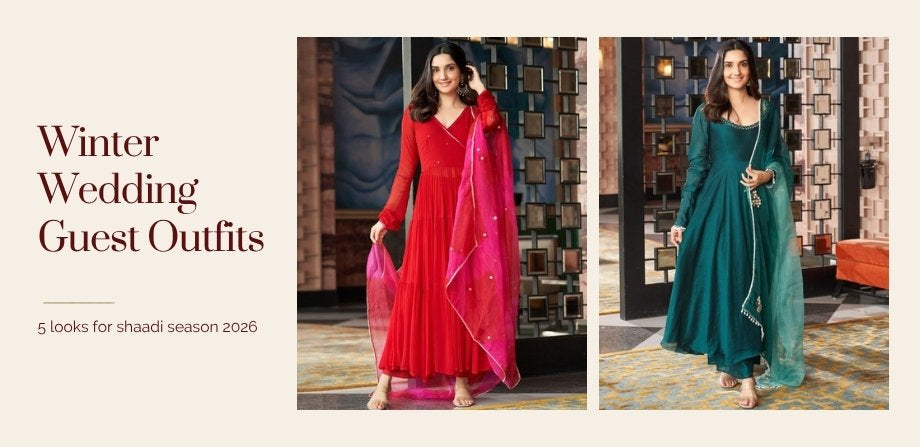 Winter wedding guest outfits 2026: red georgette and dark green embroidered suit sets on an ivory banner