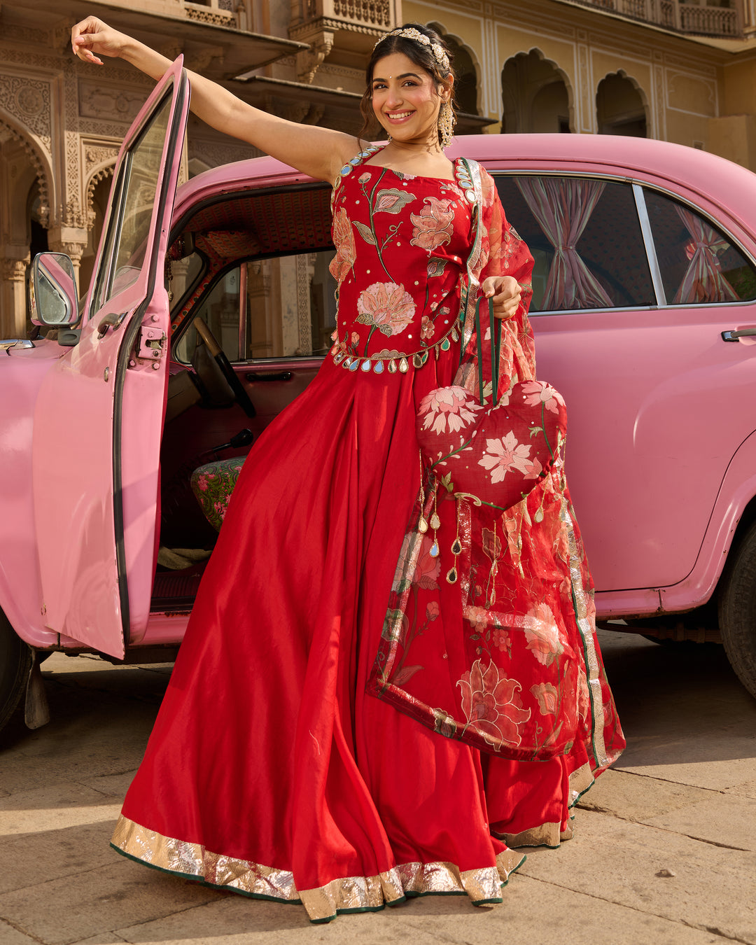 Nazm Red Printed Chanderi Lehenga Set