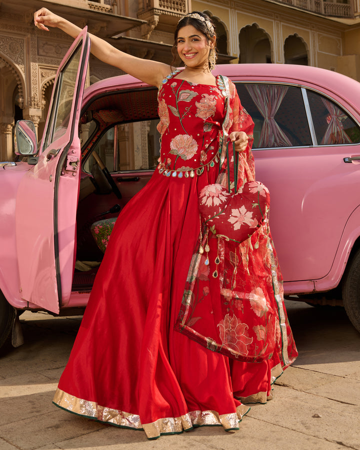 Nazm Red Printed Chanderi Lehenga Set
