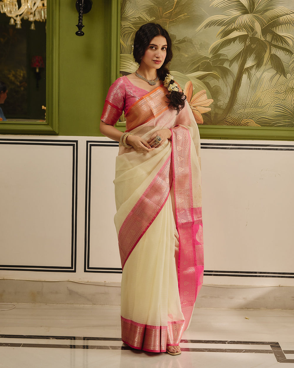 Tana White Pink Doria Butta Border Saree