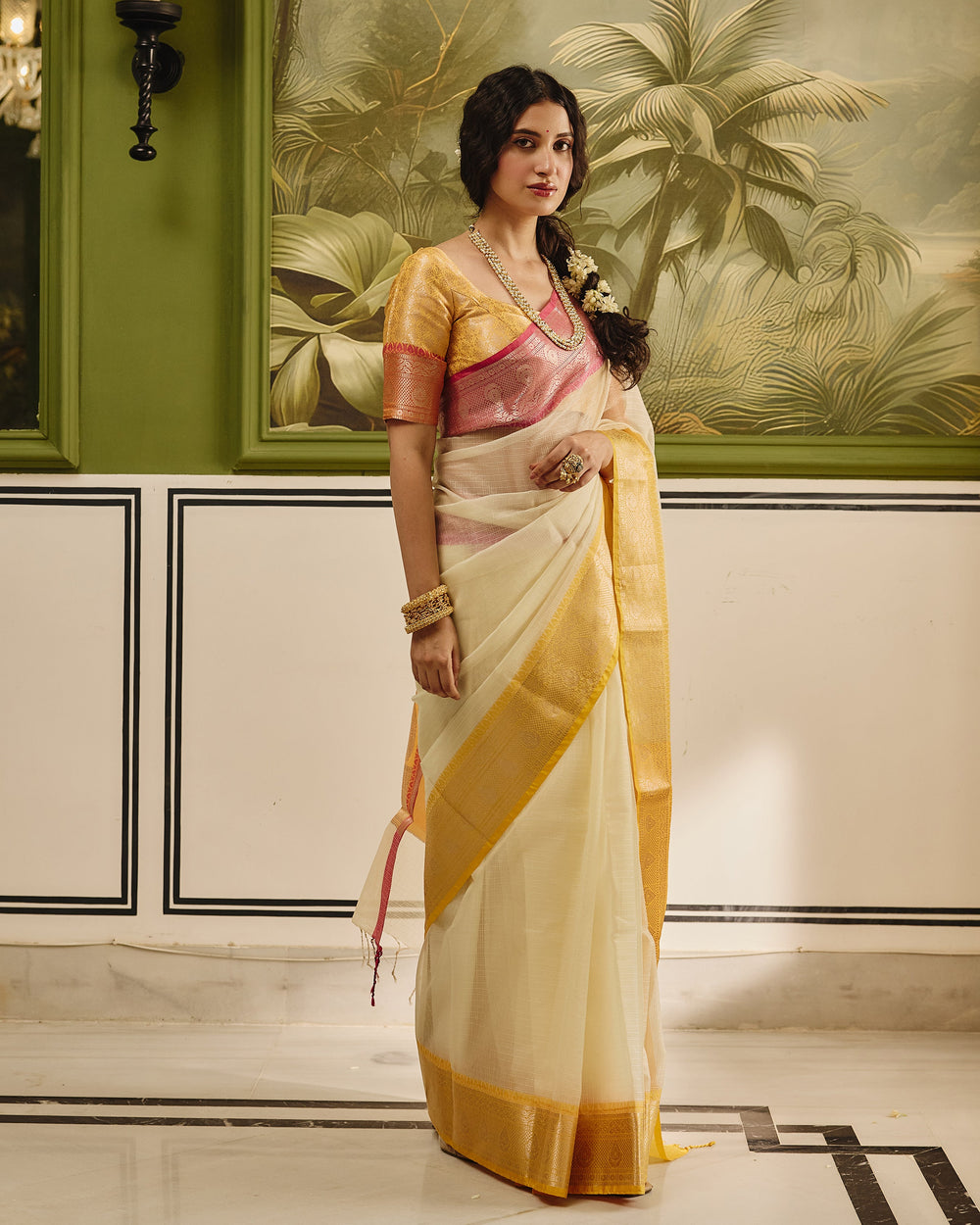 River White Yellow Doria Butta Border Saree