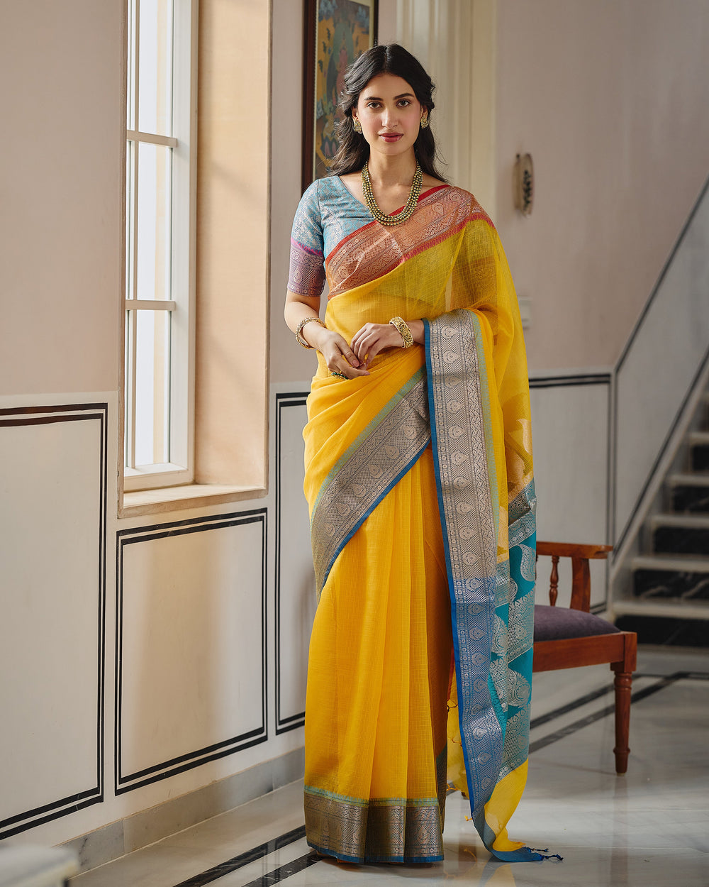 Viona Yellow Blue Doria Butta Border Saree
