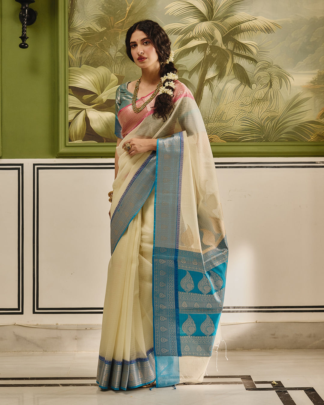 Elaria White Blue Doria Butta Border Saree