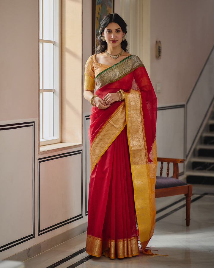 Shahi Red Yellow Doria Butta Border Saree