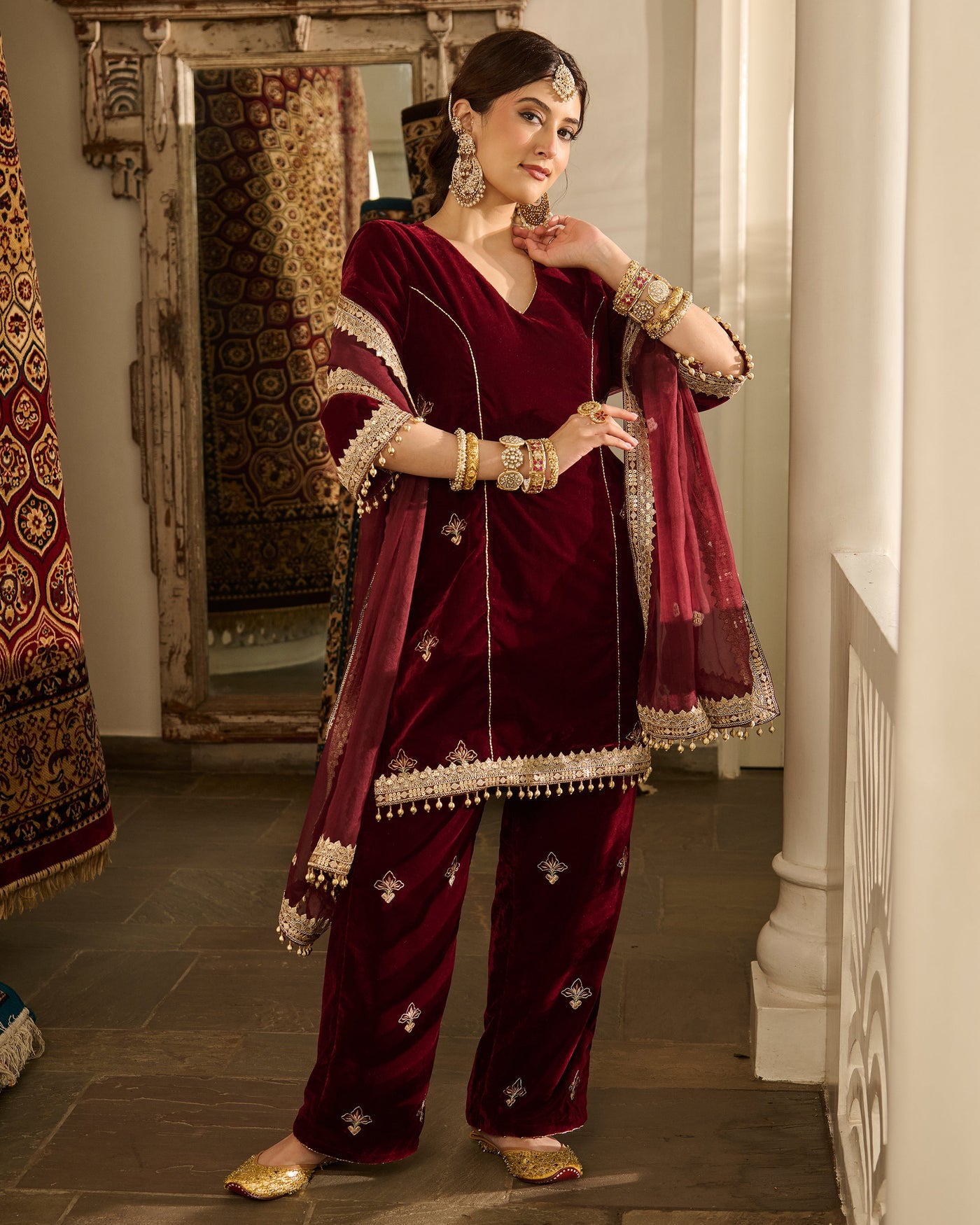 Jack Maroon Embroidered Velvet Suit Set
