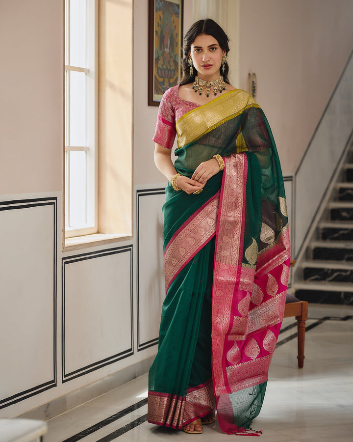 Astera Green Pink Doria Butta Border Saree