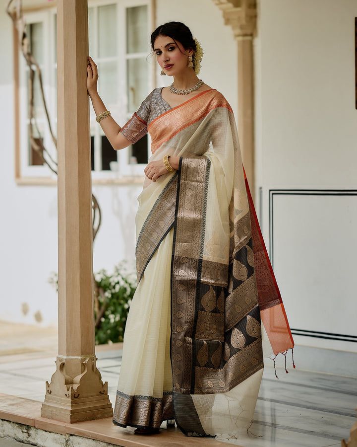 Evora White Black Doria Butta Border Saree