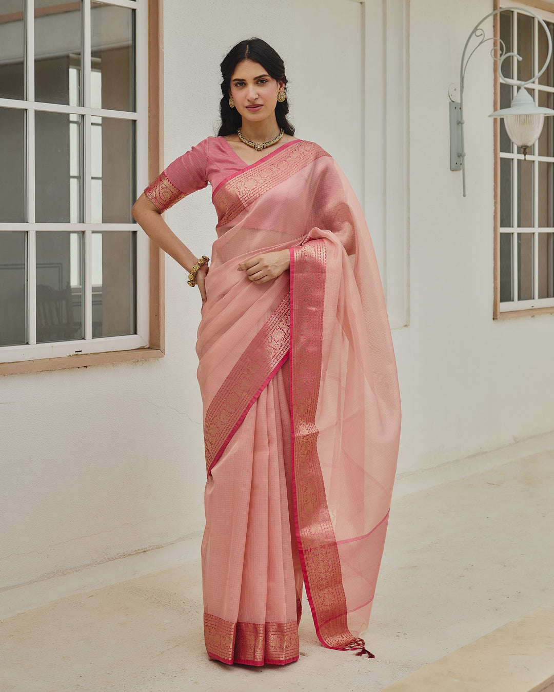 Soraya Pink Doria Zari Border Saree