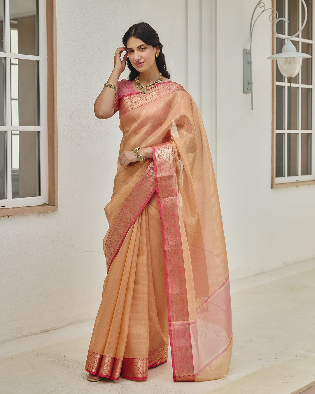Charm Peach Pink Doria Zari Border Saree