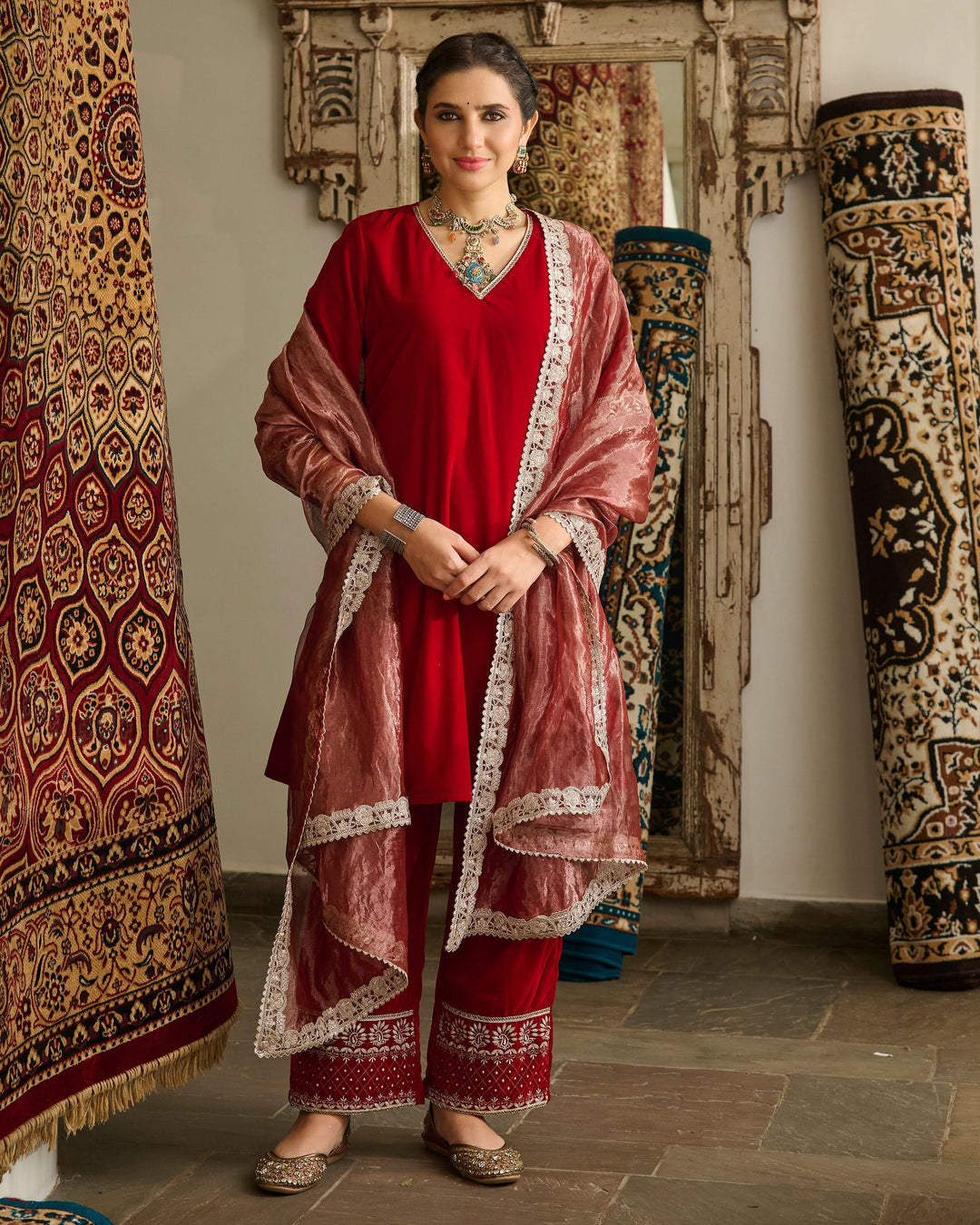 Dariki Red Embroidered Velvet Suit Set