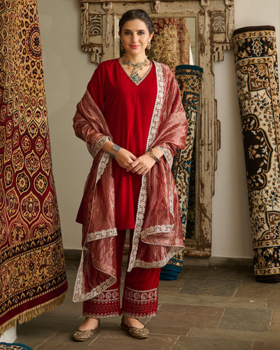 Dariki Red Embroidered Velvet Suit Set