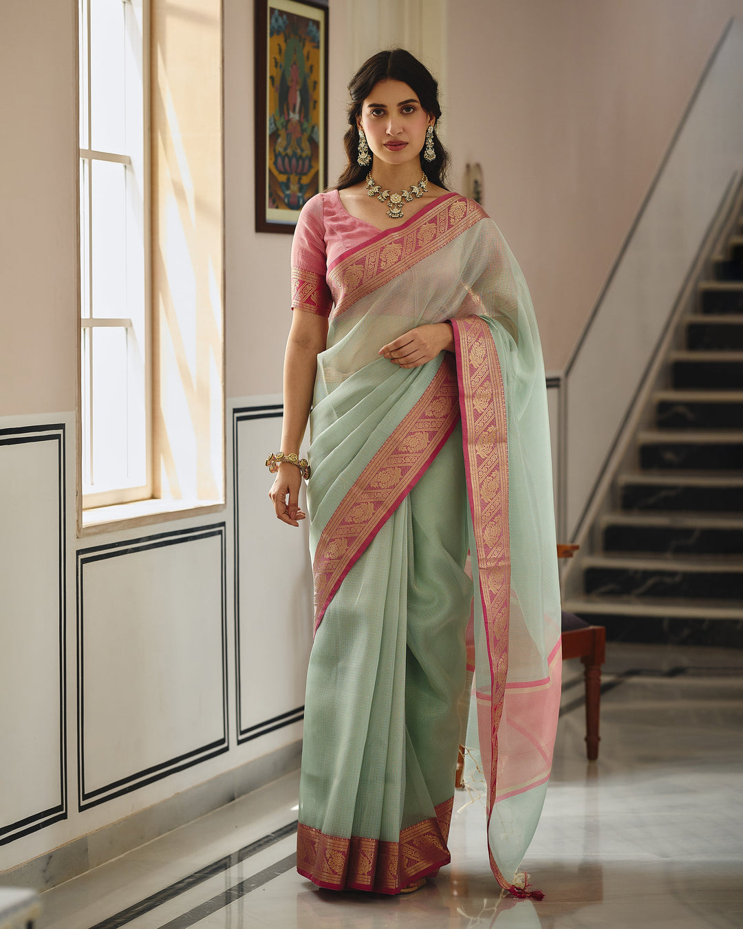 Rajat Sky Pink Doria Zari Border Saree