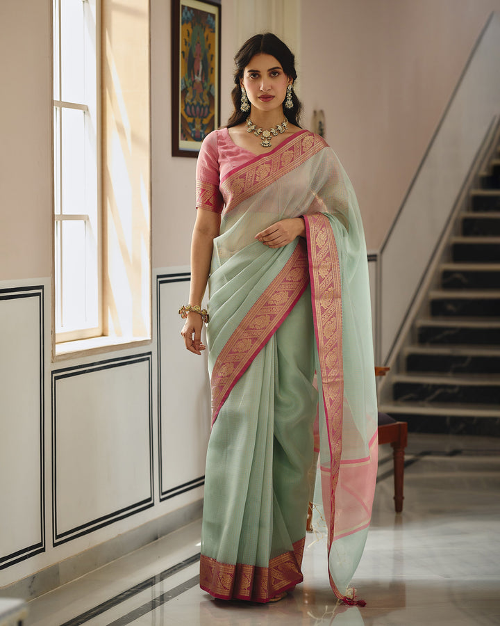 Rajat Sky Pink Doria Zari Border Saree