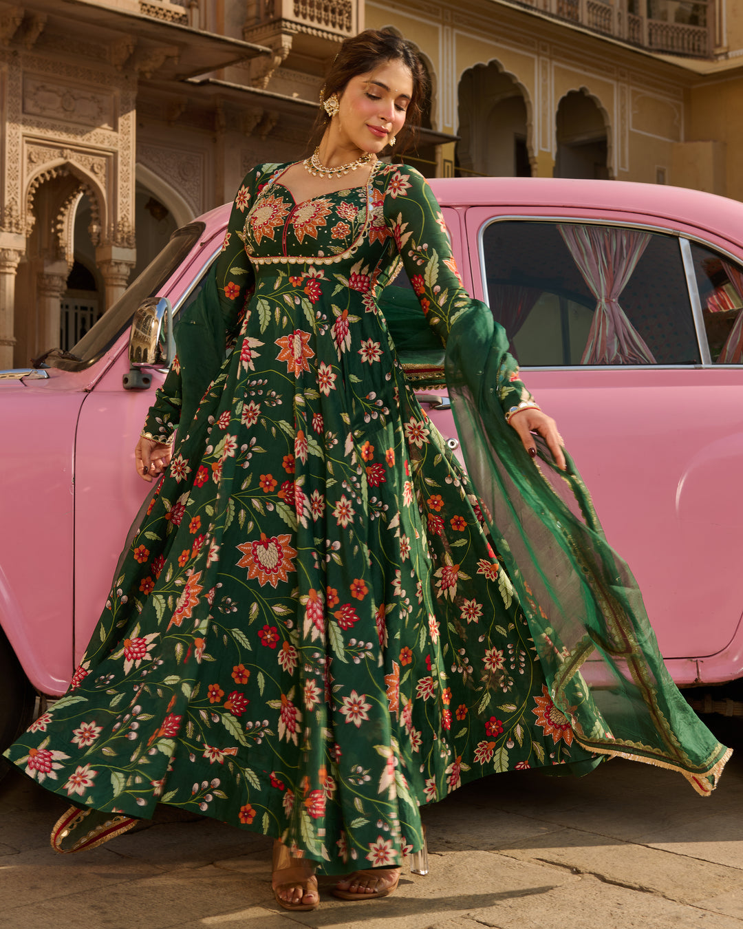 Zehra Green Printed Chanderi Suit Set