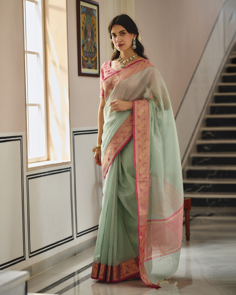 Rajat Sky Pink Doria Zari Border Saree