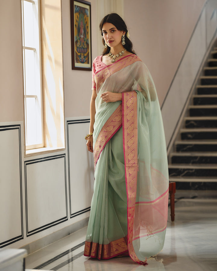 Rajat Sky Pink Doria Zari Border Saree