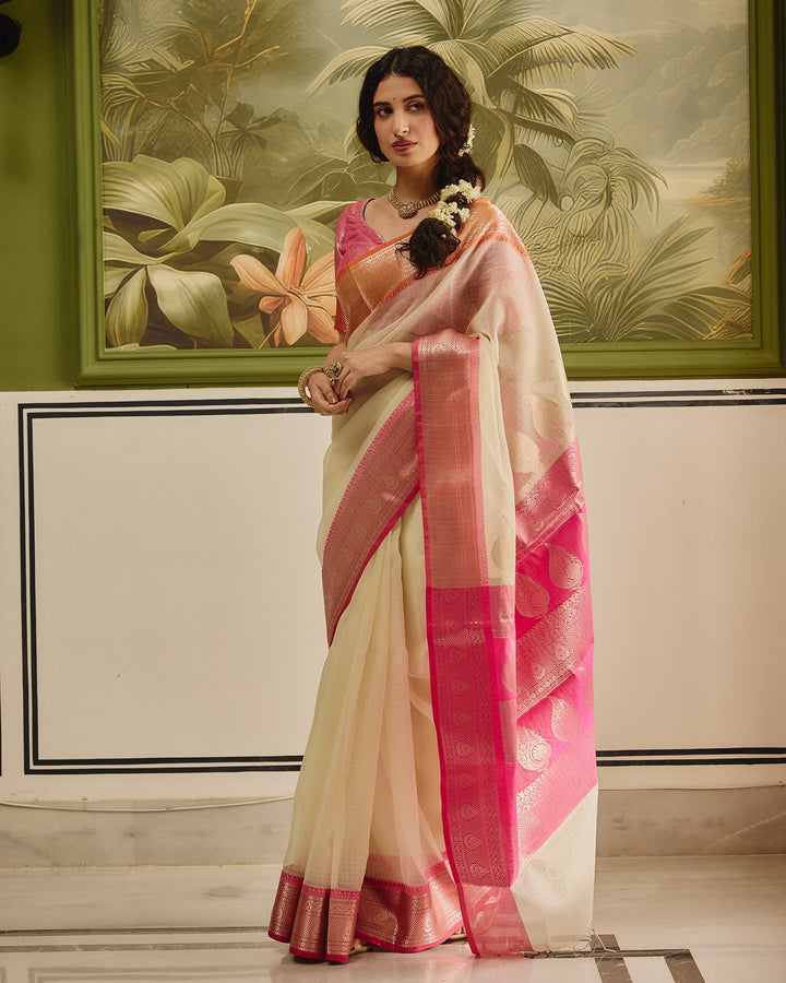 Tana White Pink Doria Butta Border Saree
