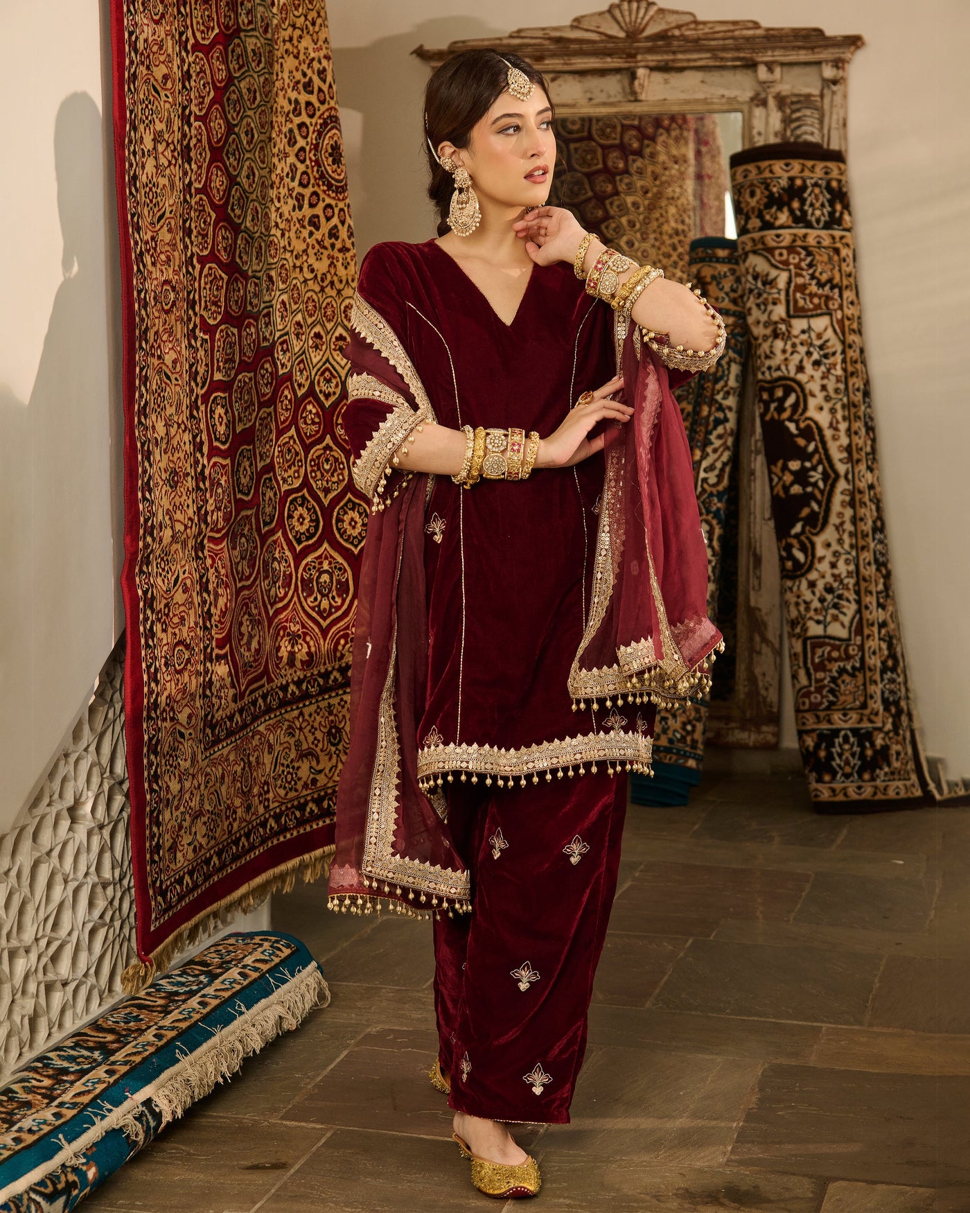 Jack Maroon Embroidered Velvet Suit Set
