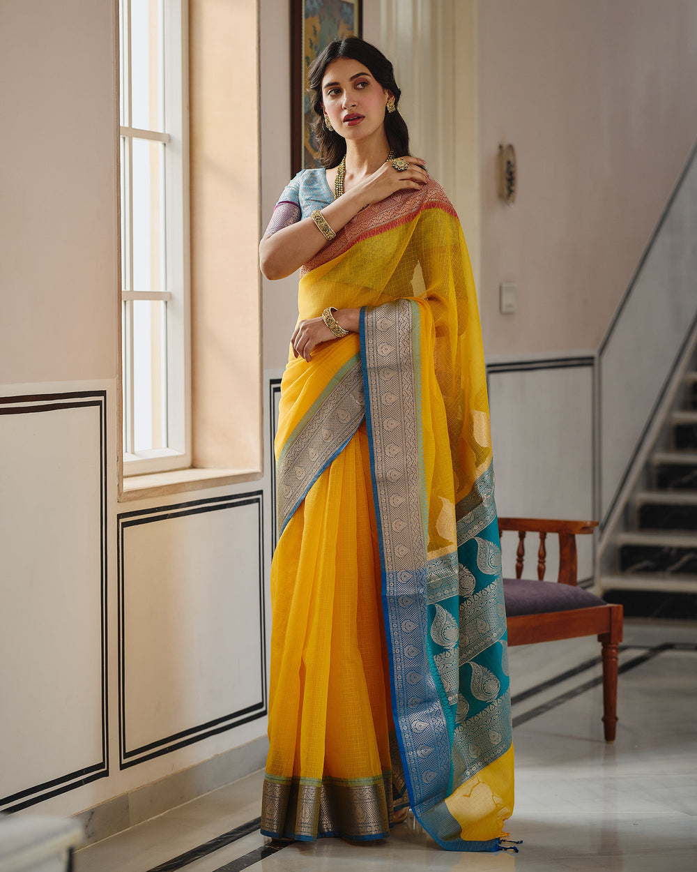 Viona Yellow Blue Doria Butta Border Saree