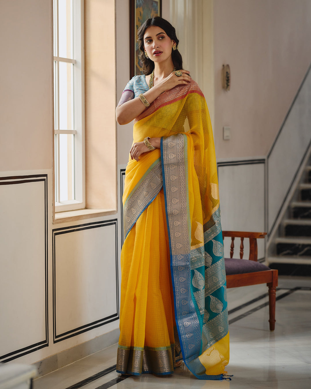 Viona Yellow Blue Doria Butta Border Saree