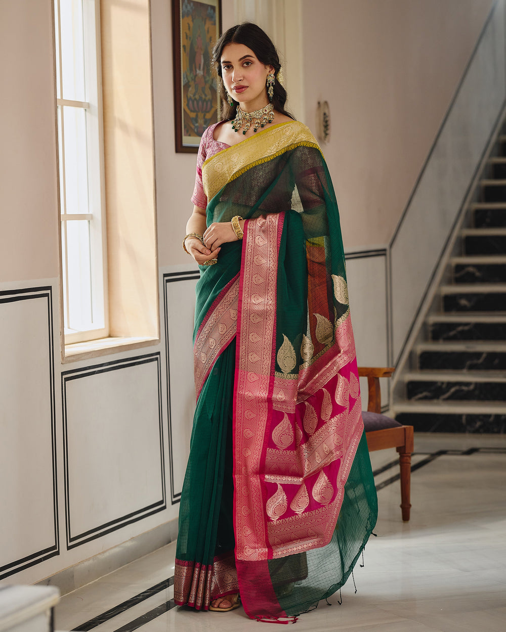 Astera Green Pink Doria Butta Border Saree