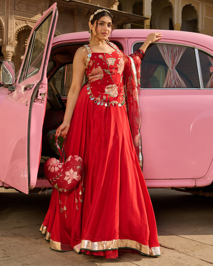 Nazm Red Printed Chanderi Lehenga Set
