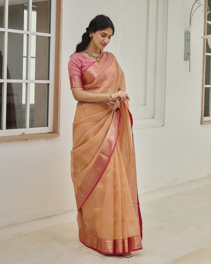 Charm Peach Pink Doria Zari Border Saree