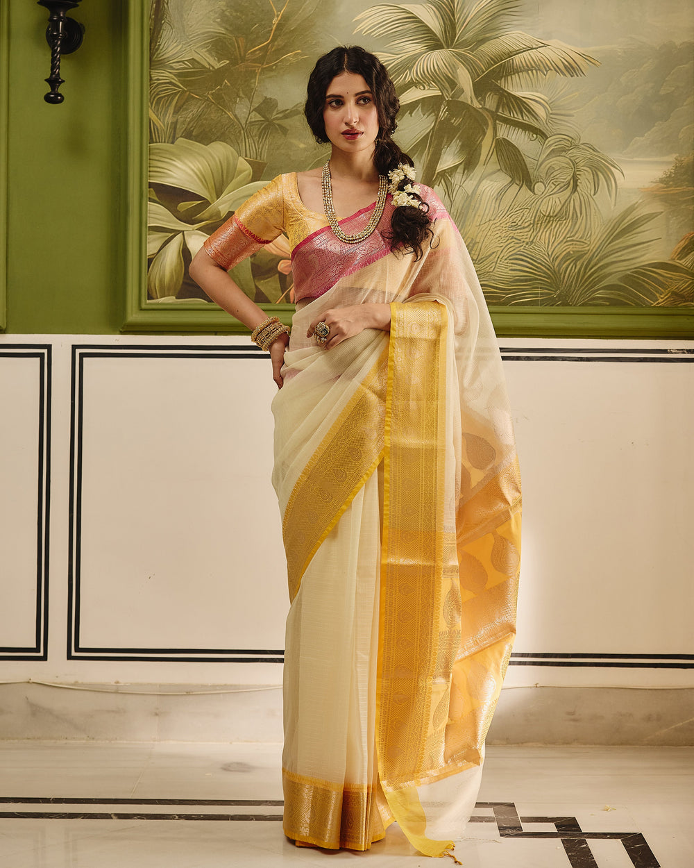 River White Yellow Doria Butta Border Saree