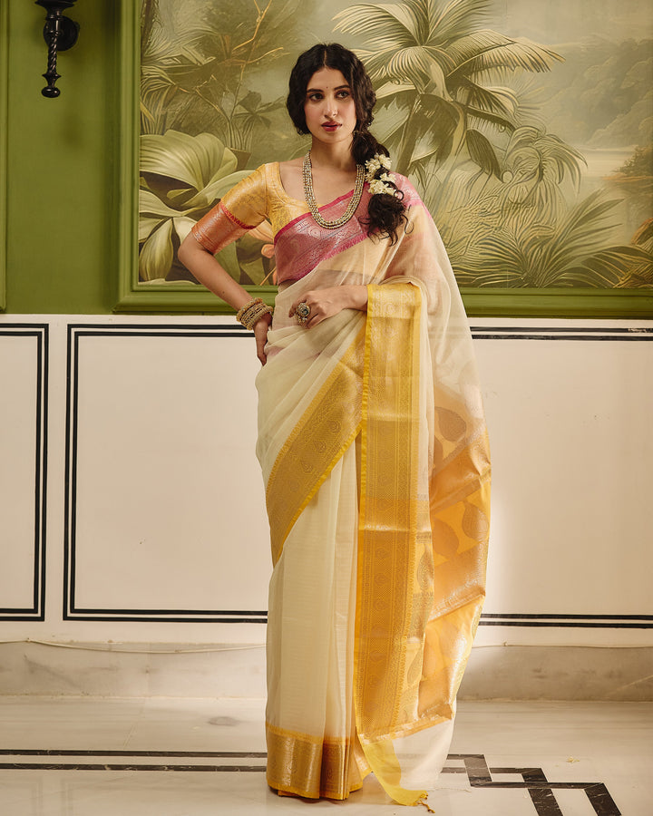 River White Yellow Doria Butta Border Saree