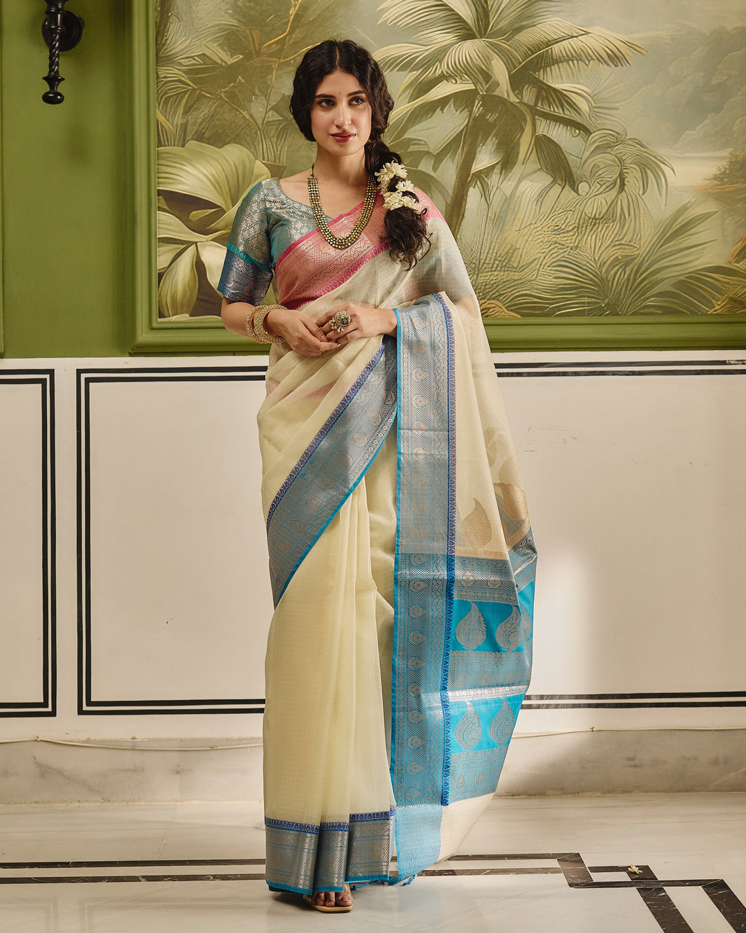 Elaria White Blue Doria Butta Border Saree