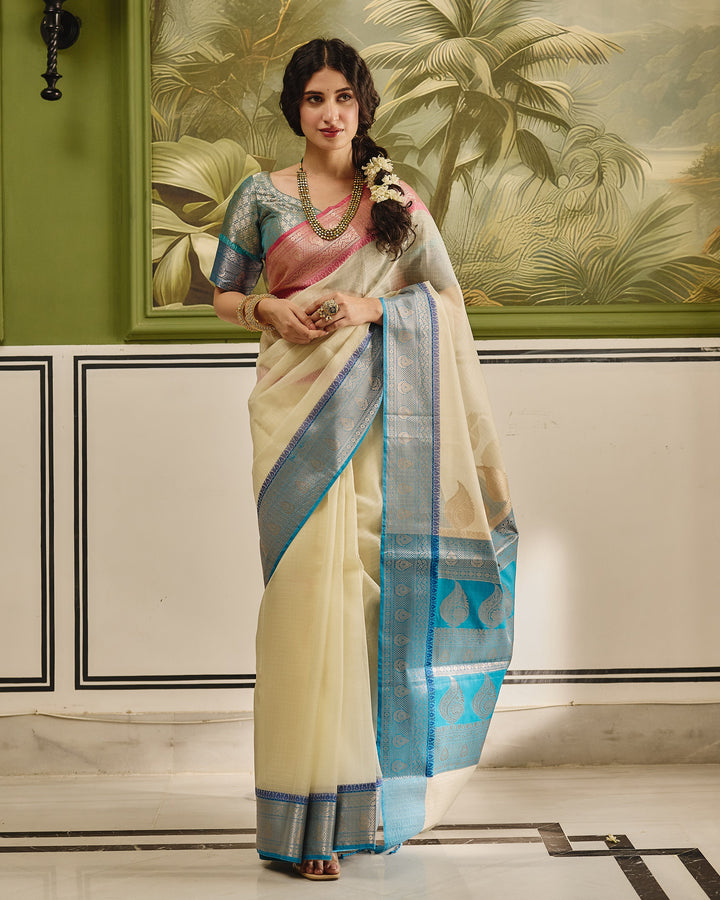 Elaria White Blue Doria Butta Border Saree