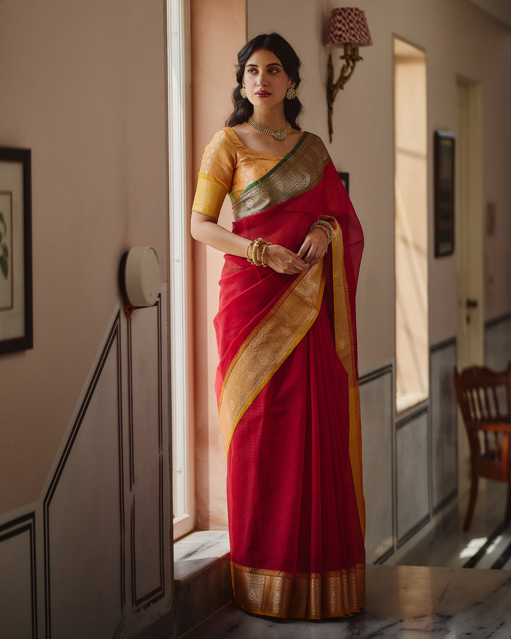 Shahi Red Yellow Doria Butta Border Saree