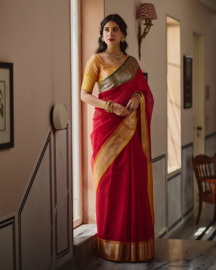 Shahi Red Yellow Doria Butta Border Saree