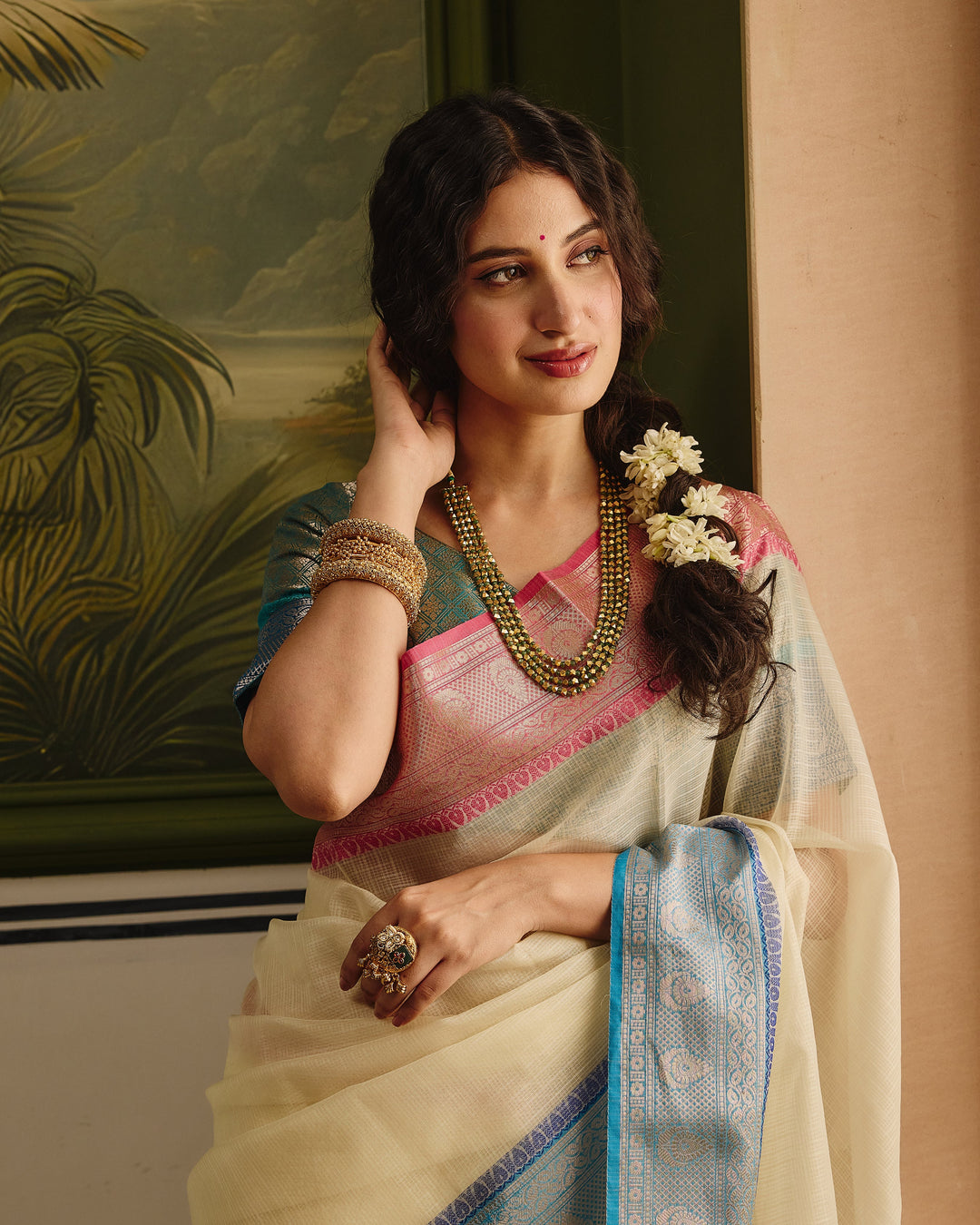 Elaria White Blue Doria Butta Border Saree