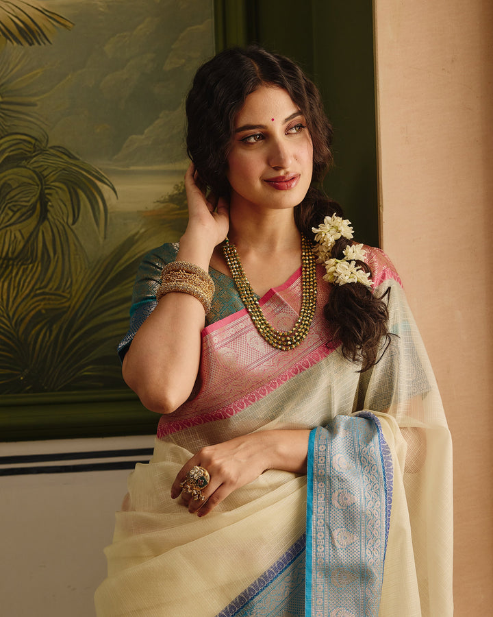 Elaria White Blue Doria Butta Border Saree