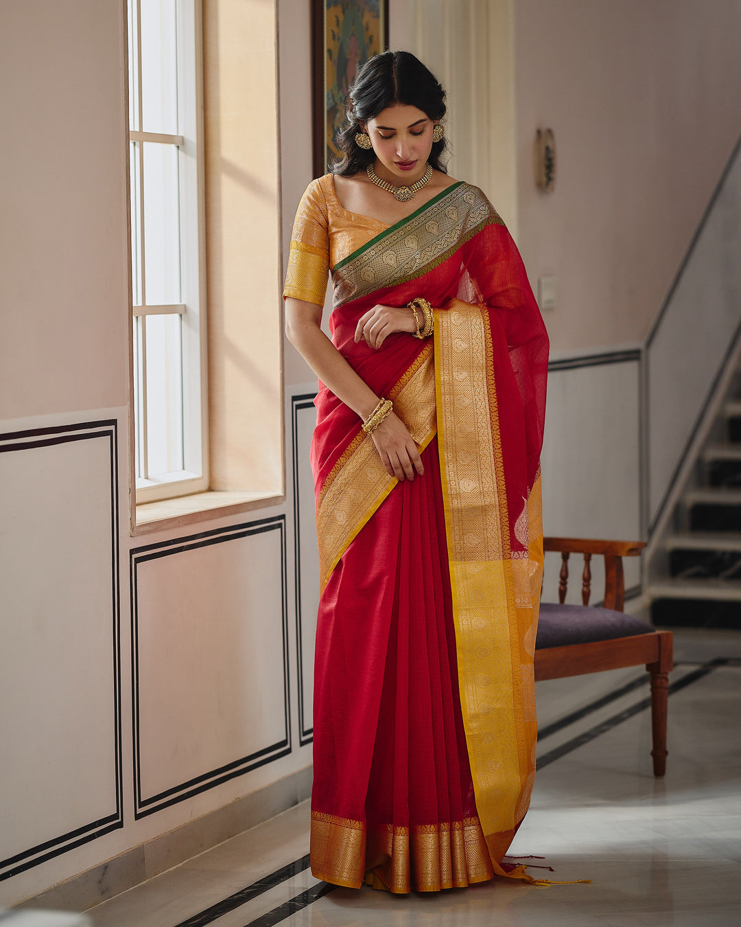 Shahi Red Yellow Doria Butta Border Saree