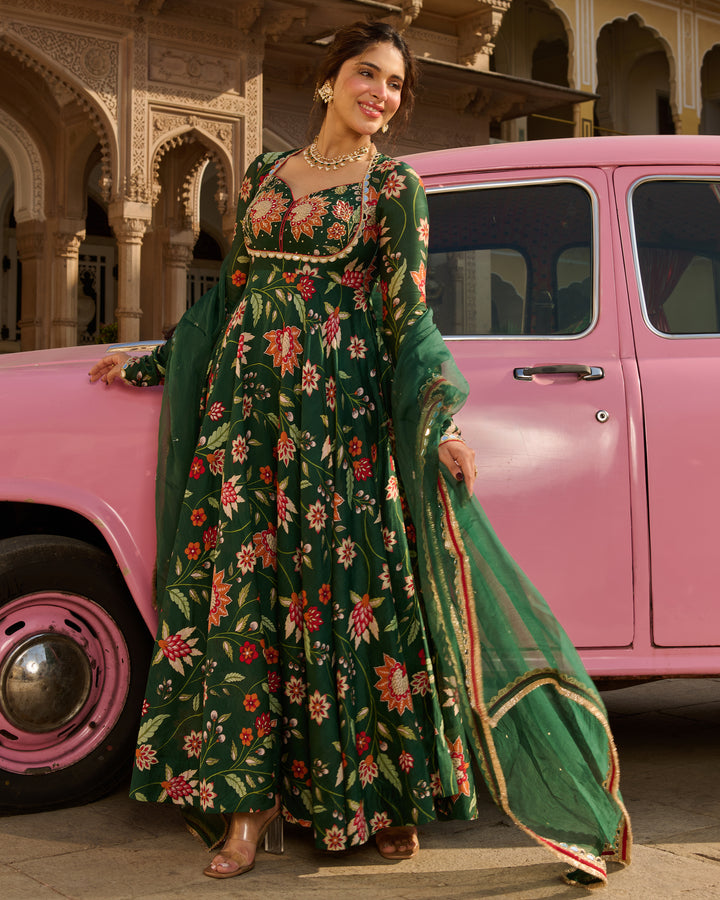 Zehra Green Printed Chanderi Suit Set
