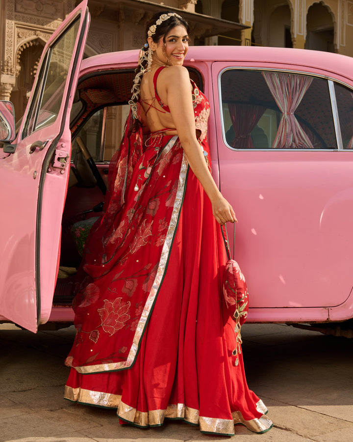 Nazm Red Printed Chanderi Lehenga Set