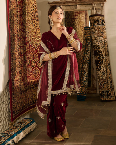 Jack Maroon Embroidered Velvet Suit Set