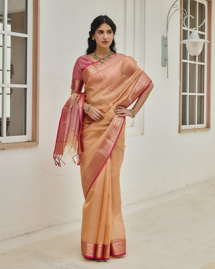 Charm Peach Pink Doria Zari Border Saree